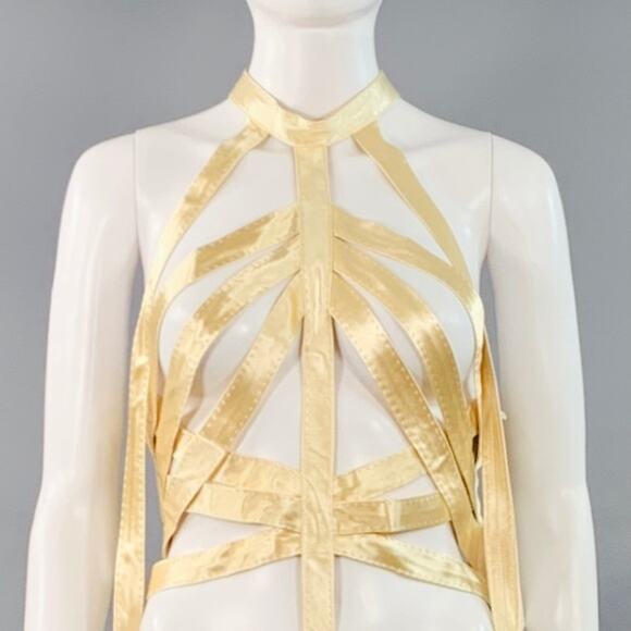 KHAITE Size M Sukey Gold Viscose Satin Straps Harness Dress Top - Picture 2 of 5